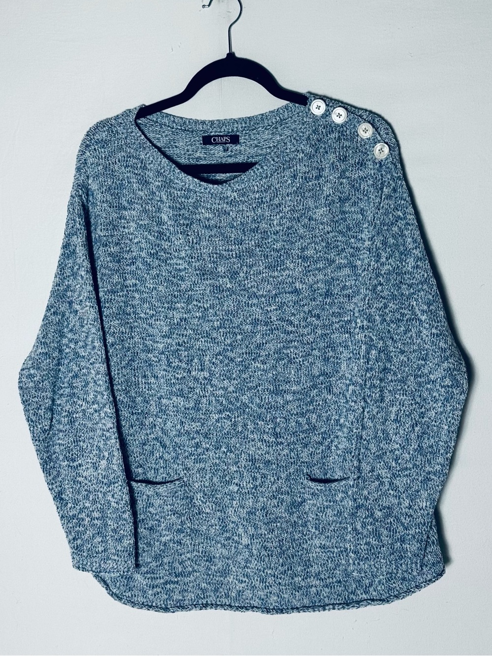 Chaps Blue Marled Knit Sweater Shoulder Button Detail Pockets Size M Coastal
